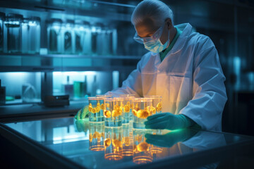 A scientist in a lab coat examining a sample of nuclear fuel, emphasizing the meticulous testing and research involved in nuclear energy development.  Generative Ai. - obrazy, fototapety, plakaty