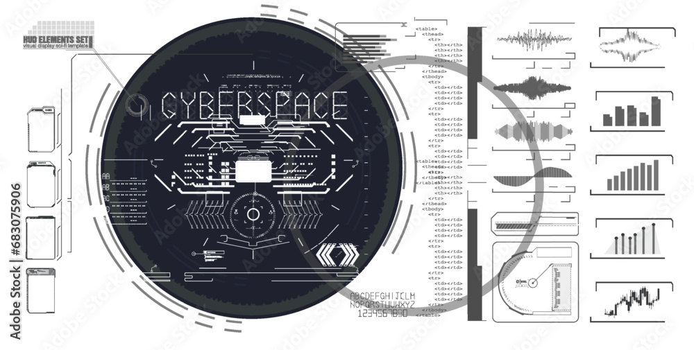 Poster futuristic cyberspace interface vector image featuring various data visualizations, graphs, and char
