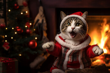 Surprised cat and Christmas tree and fireplace