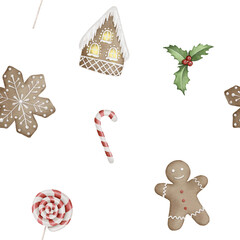 Christmas Seamless Pattern  background, seamless tiling, wrapping paper, print, fabric design, Gingerbread man, house, candy cane, floral bouquet. Merry Christmas and Happy New Year!