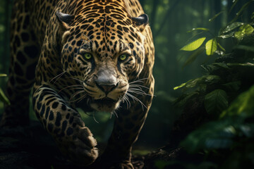 A powerful jaguar prowling through the rainforest, representing the apex predators crucial for maintaining ecological balance. Concept of the importance of keystone species. Generative Ai.