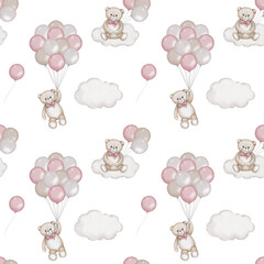 Seamless pattern with cute teddy bear flying with air balloons and sits on white cloud. Watercolor hand drawn illustration with white isolated background. Baby shower clipart. Wrapping paper, textile.