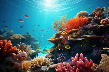 A vibrant coral reef teeming with diverse marine life, underscoring the fragile beauty of underwater ecosystems. Concept of coral reef conservation and marine biodiversity. Generative Ai.