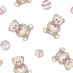 Seamless pattern with cute teddy bear, toy balls and toy cubes blocks. Watercolor hand drawn illustration with white isolated background. Baby shower clipart. Wrapping paper, fabric textile pattern.