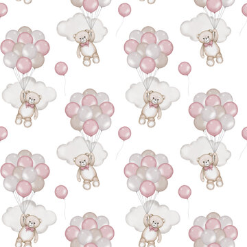 Seamless pattern with cute teddy bears flying with air balloons to the white clouds. Watercolor hand drawn illustration with white isolated background. Baby shower clipart.