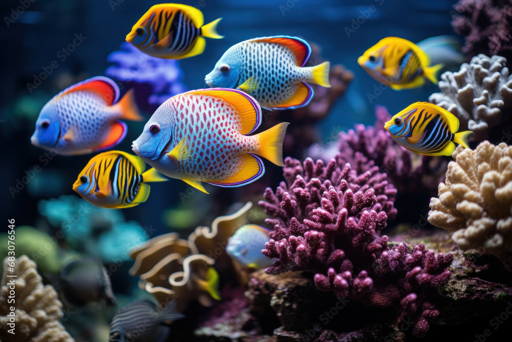 Canvas Prints a colorful array of tropical fish navigating through a coral garden, highlighting the intricate beau
