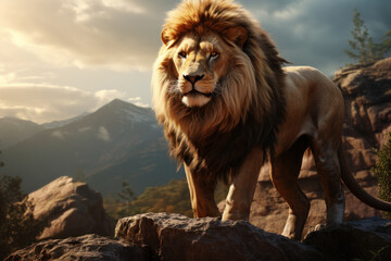 A regal lion surveying its territory from a rocky outcrop, embodying the majesty and strength...