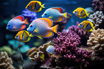 Fototapeta na wymiar A colorful array of tropical fish navigating through a coral garden, highlighting the intricate beauty of underwater ecosystems. Concept of the diversity and fragility of marine life. Generative Ai.