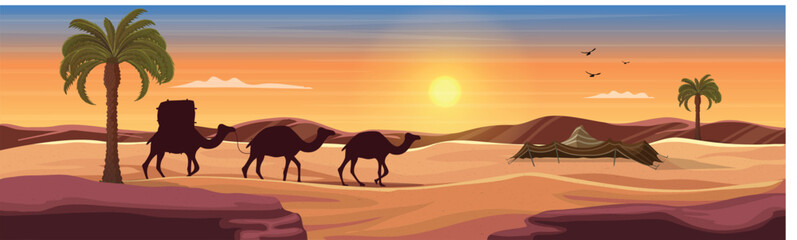 illustration with desert scenery beautiful bright sky on the desert with camel, dates tree and caravan. vector illustration	

