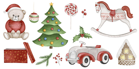 Christmas Clipart illustration set collection - teddy bear, rocking horse, car, gift, christmas tree, candy cane, gingerbread house. Print, fabric design. Winter. Merry Christmas and Happy New Year!