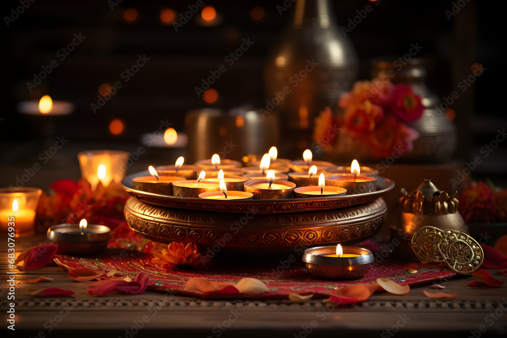 Wall mural Home decorations for Diwali holiday on a wooden table,