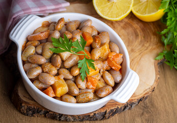 Traditional delicious Turkish food; Kidney beans with olive oil, Red kidney bean stew, Turkish name; Barbunya pilaki