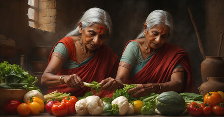 Old woman chopping vegetables for preparing food.