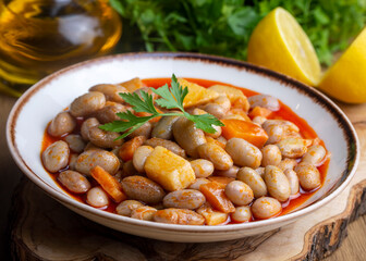 Traditional delicious Turkish food; Kidney beans with olive oil, Red kidney bean stew, Turkish name; Barbunya pilaki