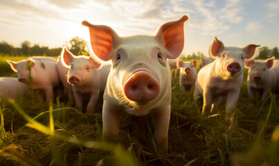 Piglets stand in a field outside at a pig farm. - obrazy, fototapety, plakaty