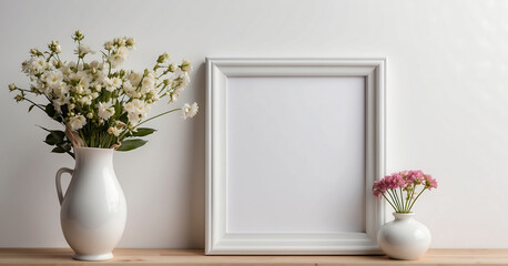 Picture frame next to a vintage vase of flowers, on a white table, white border frame, poster composition, white background.