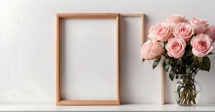 Picture frame next to a vintage vase of Rose flowers, on a white table, white border frame, poster composition, white background.