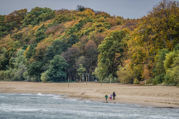 Beach in Orlowo district of Gdynia city, view from pier, Poland - obrazy, fototapety, plakaty