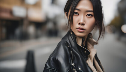 Portrait of a beautiful Japanese model wearing a moto jacket on the street