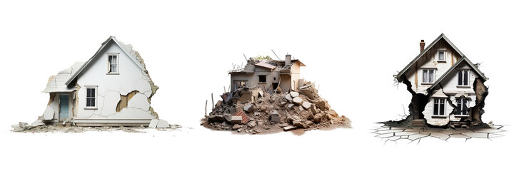 Set of three demolished houses over isolated transparent background - obrazy, fototapety, plakaty