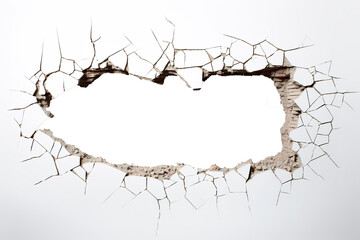 Cracked white wall with hole in the middle over transparent background