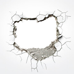 Transparent background hole in cracked white wall