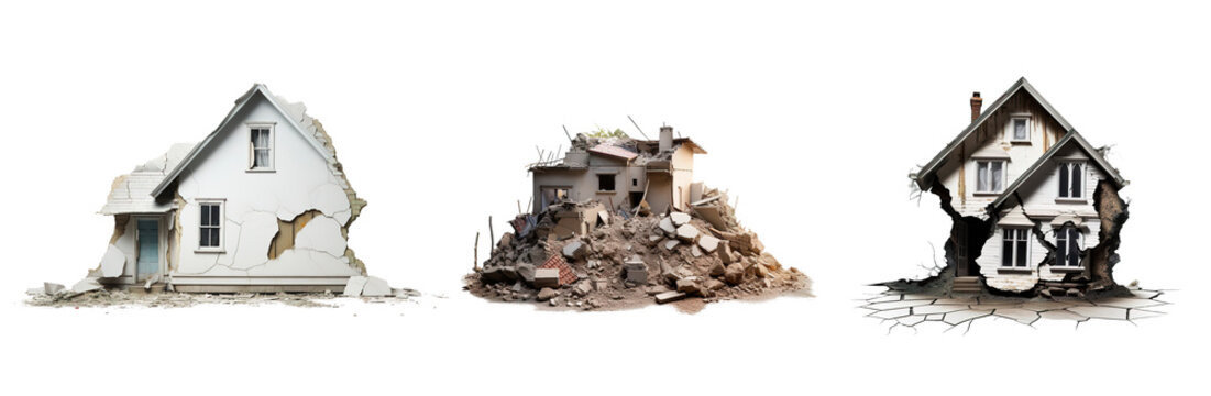 Set of three demolished houses over isolated transparent background