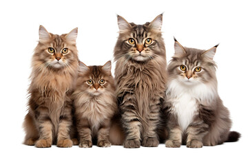 Adorable family of tabby cats posing on white transparent background