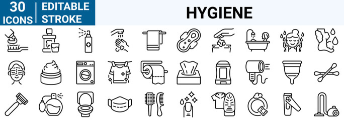 set of 30 line web icons hygiene. Contains such Icons as washing hands, shower, antibacterial soap and more. Editable stroke.