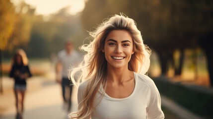 A beautiful Caucasian woman is practicing trail running for health in the morning sunrise.	