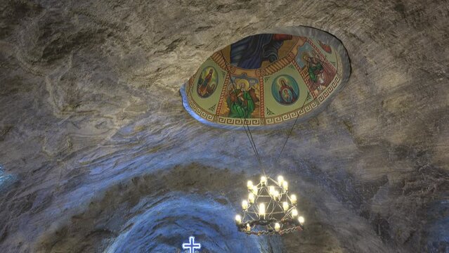 St Varvara underground church inside Tg Ocna saline mine in Romania, tilt down