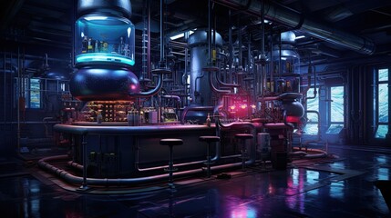 Cyberpunk-inspired laboratory with steampunk elements, featuring gray and neon colors