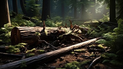 Fallen trees lying in a heap, depicting a natural scene in the forest