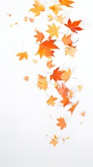 Graceful movement: Autumn leaves in flight, floating against a pristine white background