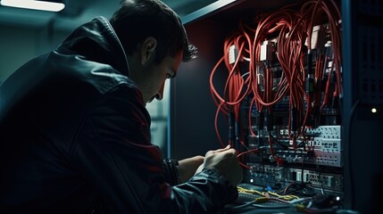 Intense moment as a hacker expertly manipulates an electronic lock by tampering with cables in clos - obrazy, fototapety, plakaty