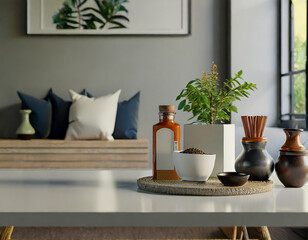 Fototapeta premium Copy space on a tabletop with spice bottles and a potted plant in a modern living room.