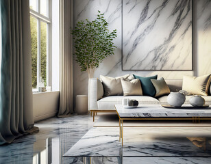 Copy space on a neutral marble table in a modern bight living room with a large comfy couch.