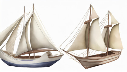 collection sailboat watercolor drawing on a white background isolated, AI