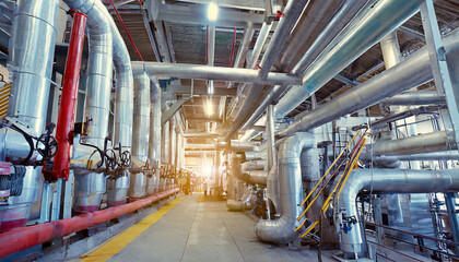 Equipment, cables and piping as found inside of a modern industrial power plant; energy industry or...