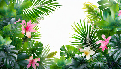 frame of palm leaves and tropical plants isolated over white