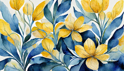 floral pattern; watercolor hand drawn illustration; botanical art; blue, yellow