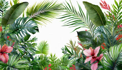 frame of palm leaves and tropical plants isolated over white - obrazy, fototapety, plakaty