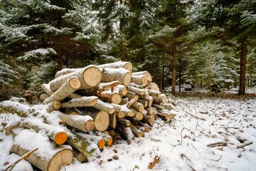 Closeup image of sawn tree under the first snow in Finland, Northern Europe. Beginning of nordic...