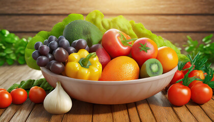 fresh fruits and vegetables in a bowl on wooden background