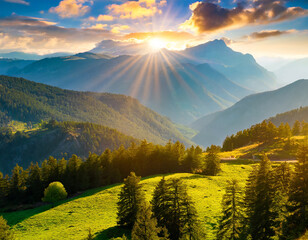 Green mountain valley at sunset; beautiful scenery with bright sunlight