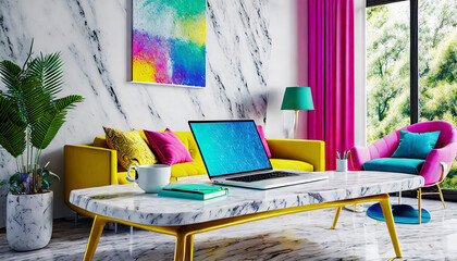 Home workspace, A laptop mockup on a luxury marble table in a modern white living room.