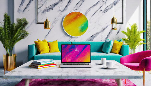 Home workspace, A laptop mockup on a luxury marble table in a modern white living room.