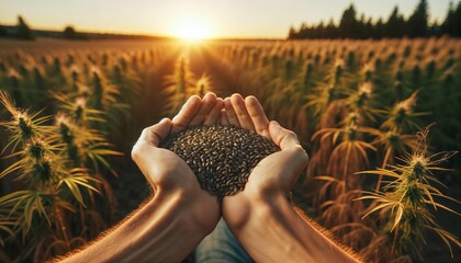 Cannabis seeds in hemp farmer's hands - outdoor farm field cultivation - obrazy, fototapety, plakaty