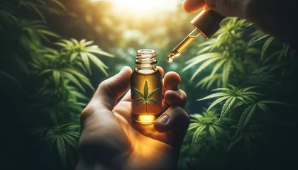 Fotobehang Hand holding CBD hemp oil droplet against marijuana buds - alternative medicine, cannabis oil © ibreakstock