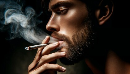 Fototapeta premium Man inhaling cannabis smoke - smoking a marijuana weed joint